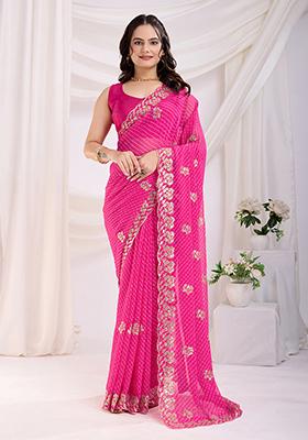 Rani Pink Embroidered Georgette Saree Set