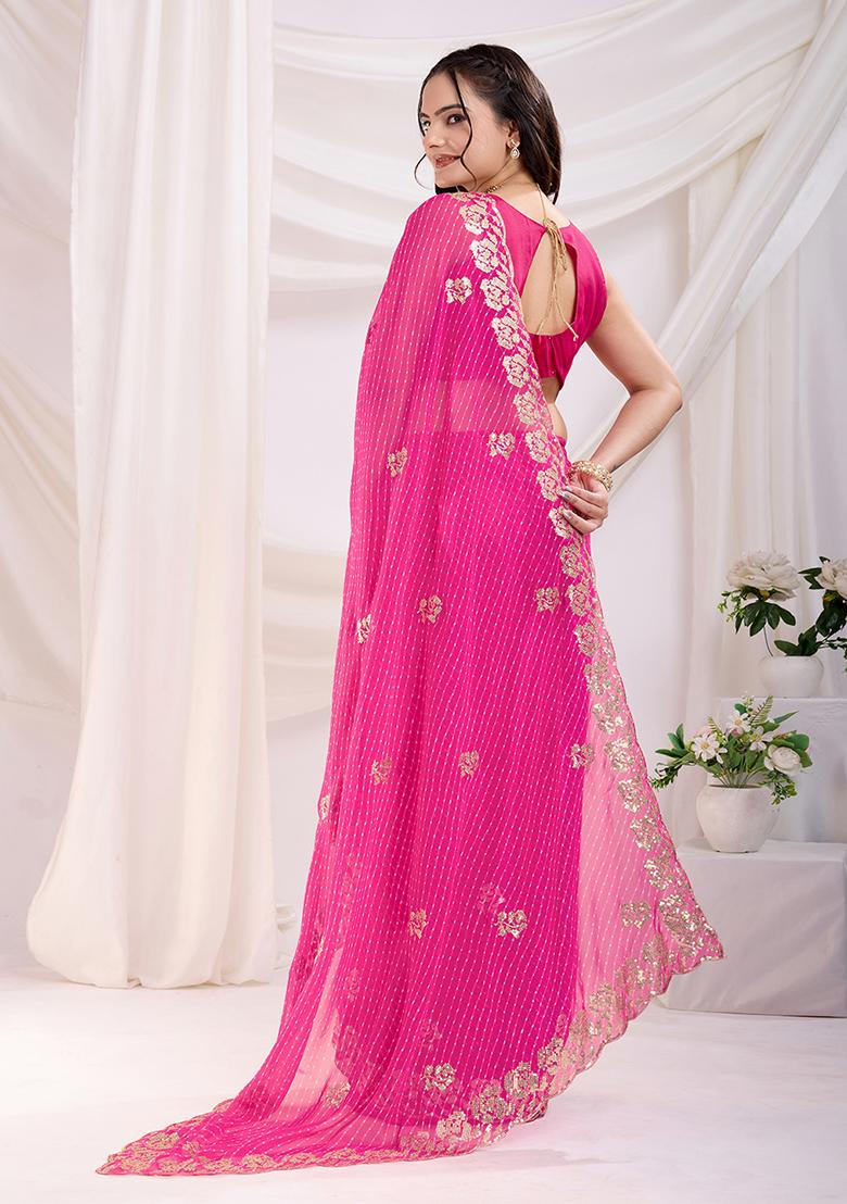Rani Pink Embroidered Georgette Saree Set