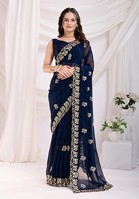 Navy Blue Sequin Embroidered Georgette Saree Set