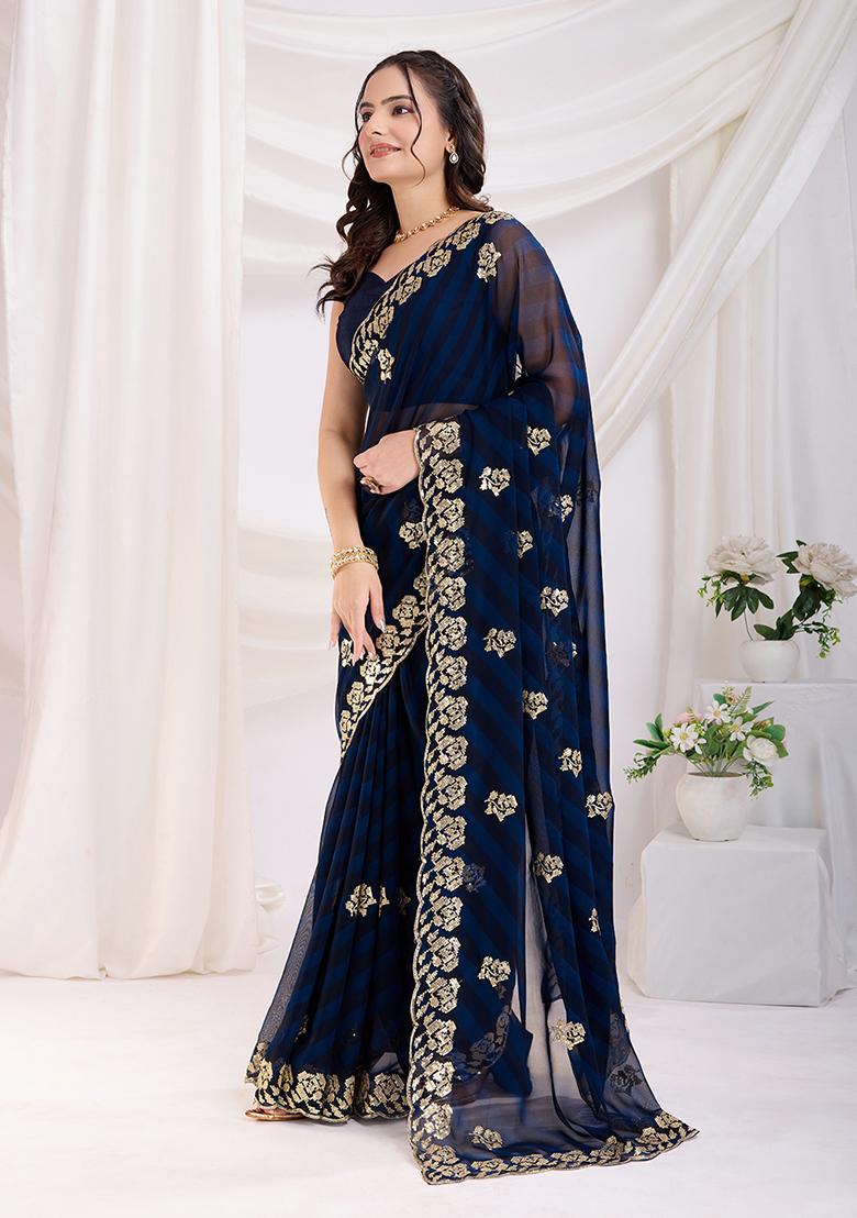Navy Blue Sequin Embroidered Georgette Saree Set