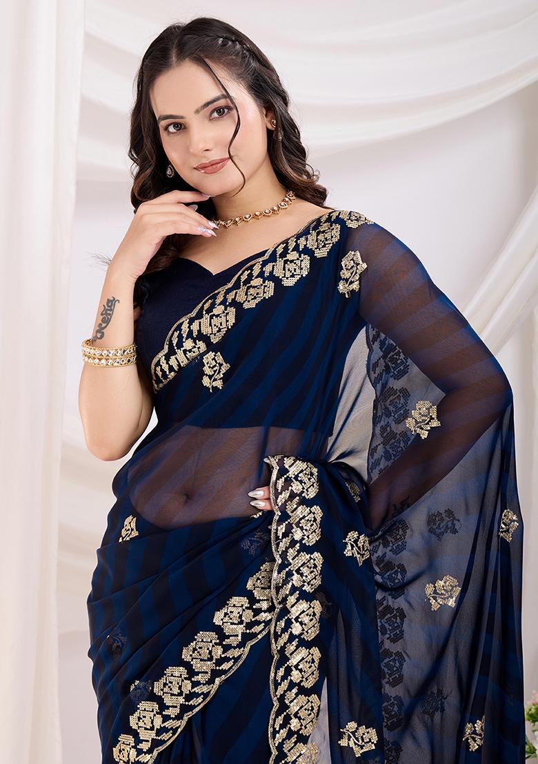Navy Blue Sequin Embroidered Georgette Saree Set