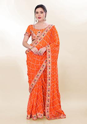 Orange Digital Print Georgette Saree Set