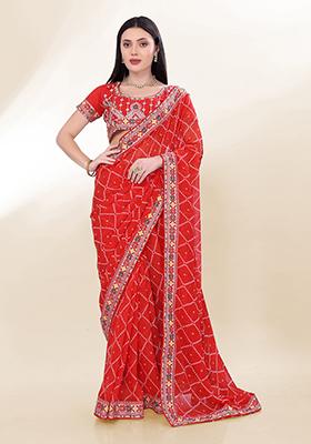 Red Digital Print Georgette Saree Set