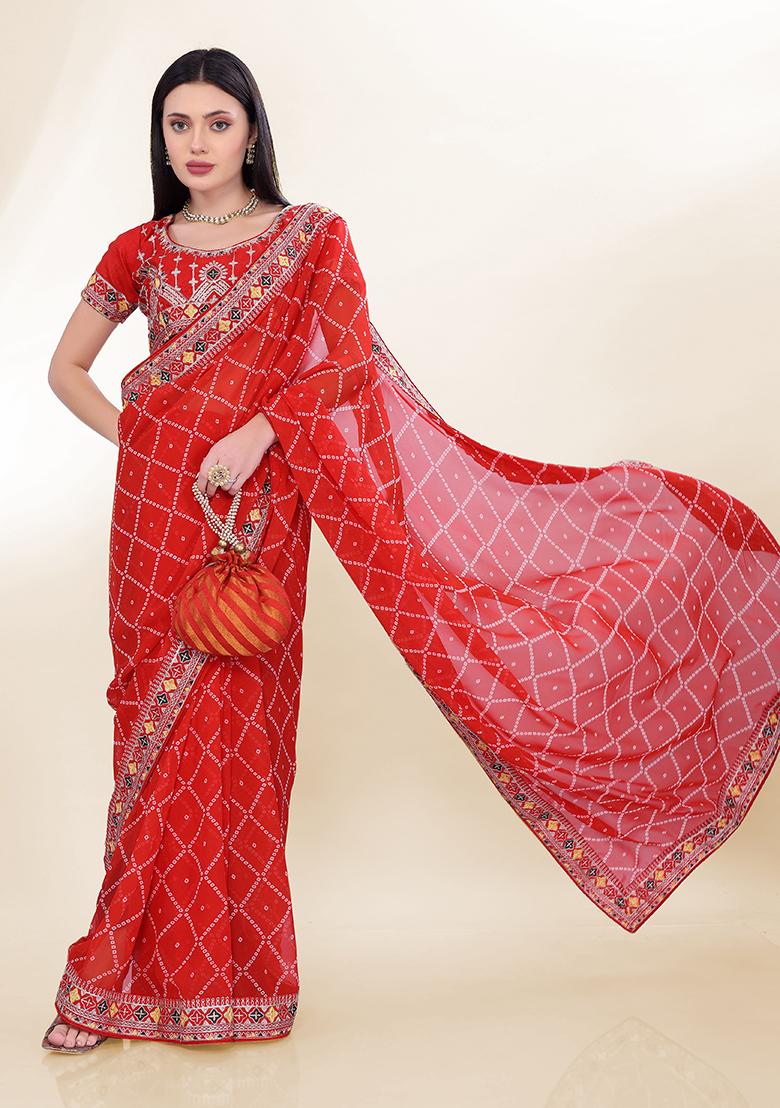 Red Digital Print Georgette Saree Set
