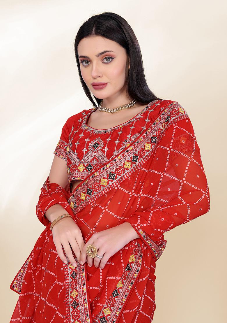 Red Digital Print Georgette Saree Set