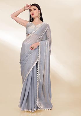 Grey Lace Silk Saree Set