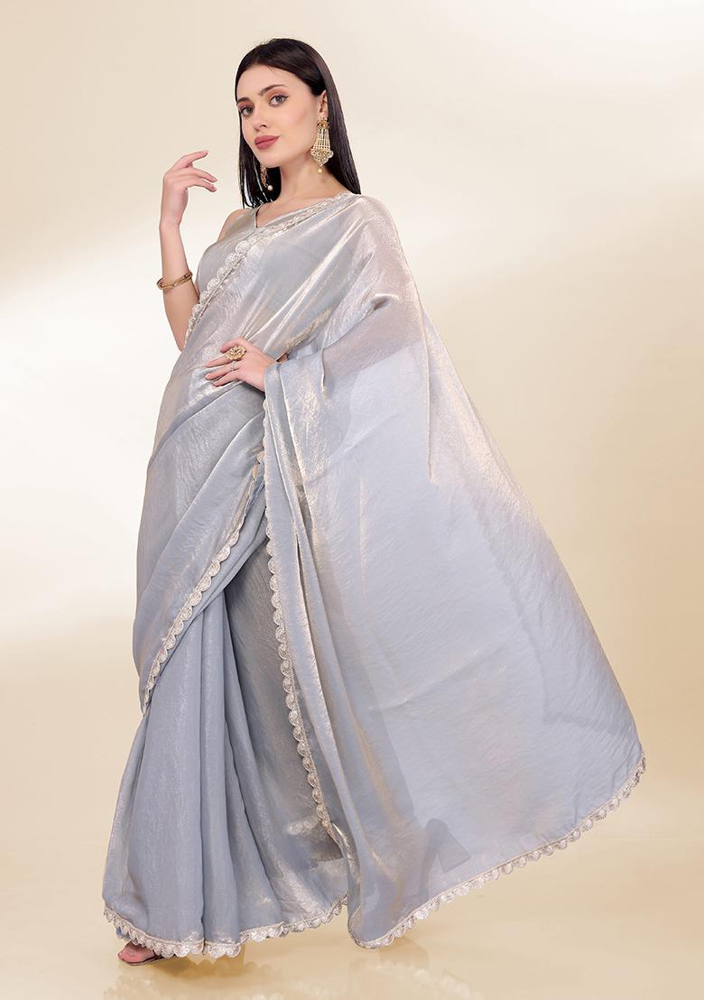 Grey Lace Silk Saree Set