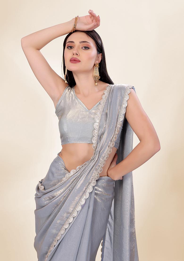 Grey Lace Silk Saree Set