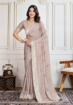 Chiku Brown Sequin Embroidered Georgette Saree Set