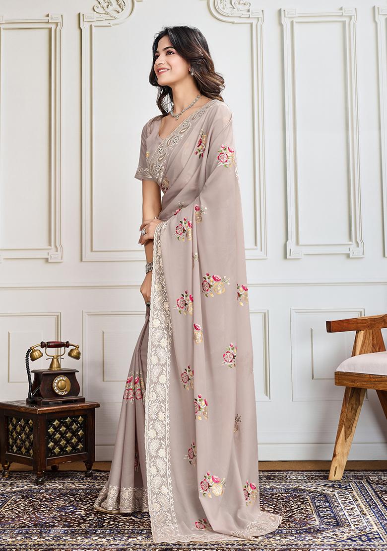 Chiku Brown Sequin Embroidered Georgette Saree Set
