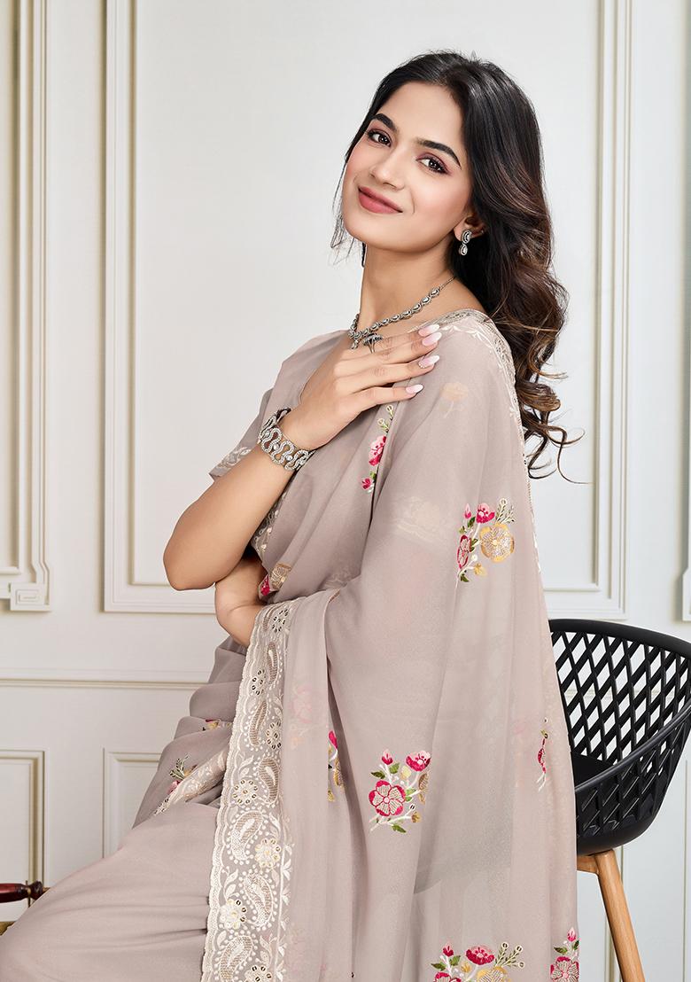 Chiku Brown Sequin Embroidered Georgette Saree Set