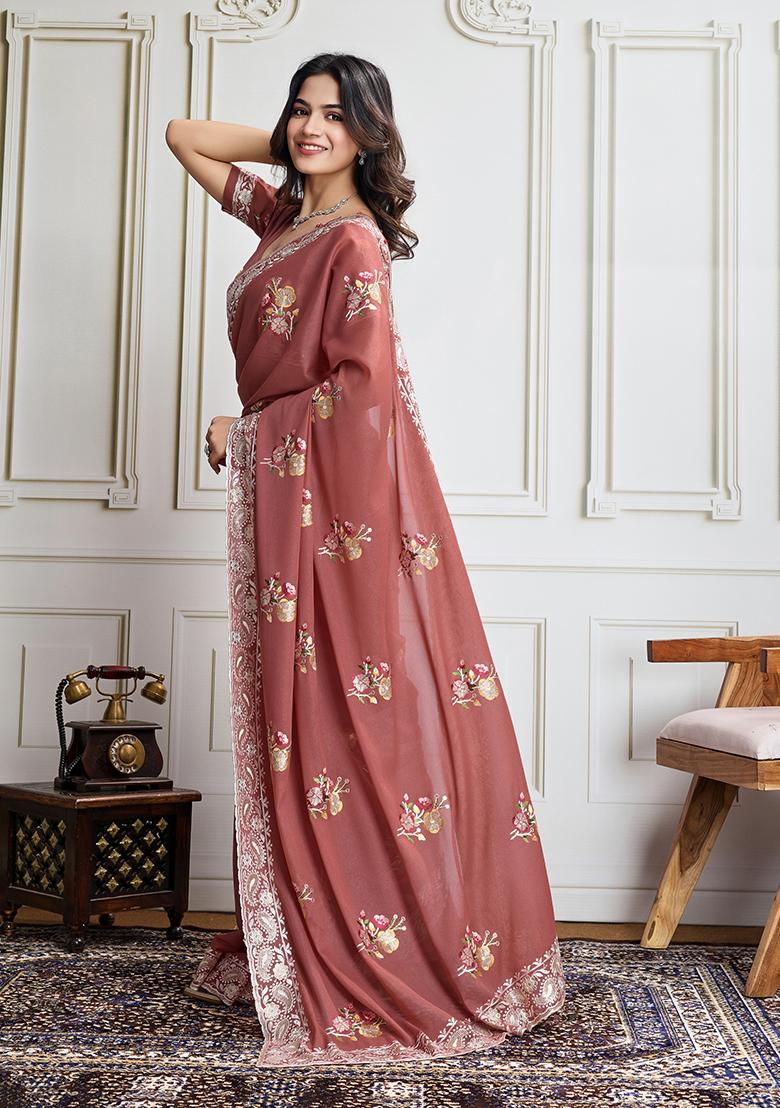 Maroon Sequin Embroidered Georgette Saree Set
