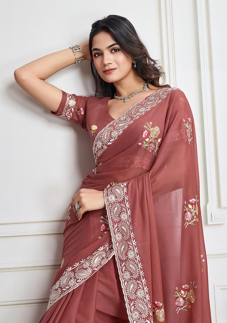 Maroon Sequin Embroidered Georgette Saree Set