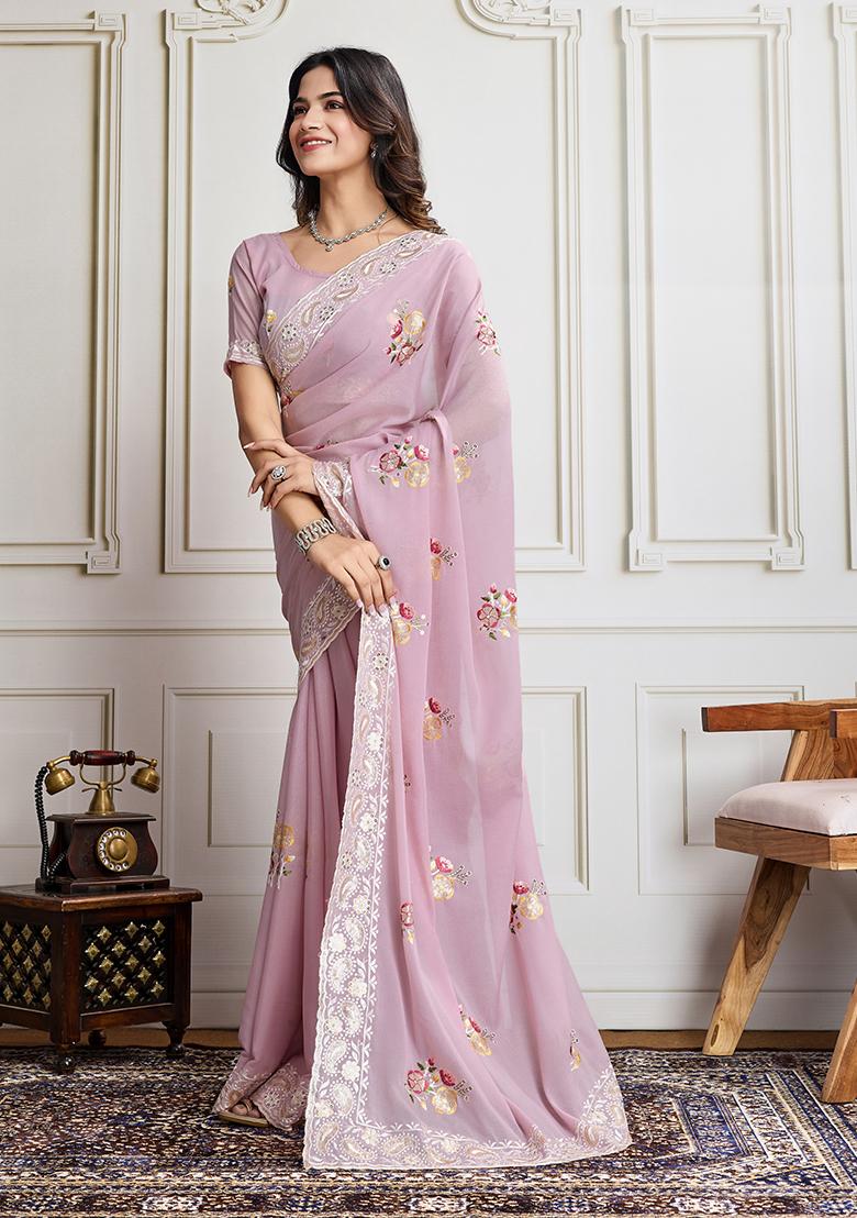 Light Pink Sequin Embroidered Georgette Saree Set