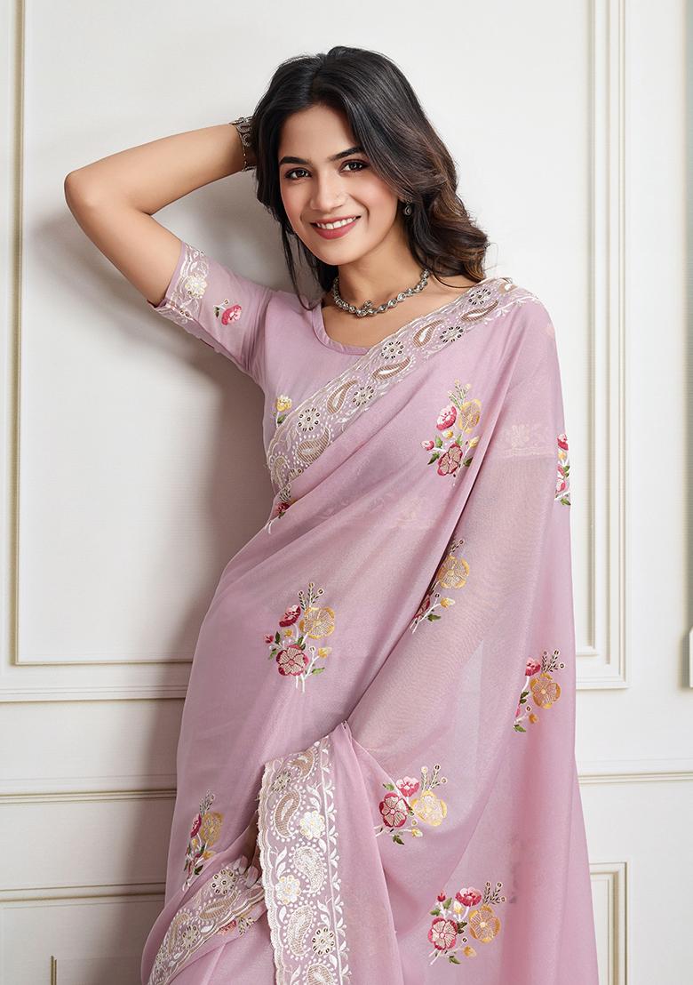 Light Pink Sequin Embroidered Georgette Saree Set