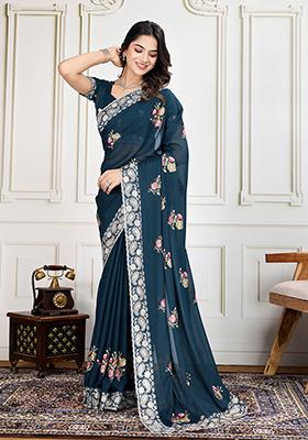 Rama Blue Sequin Embroidered Georgette Saree Set