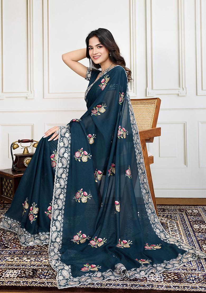 Rama Blue Sequin Embroidered Georgette Saree Set