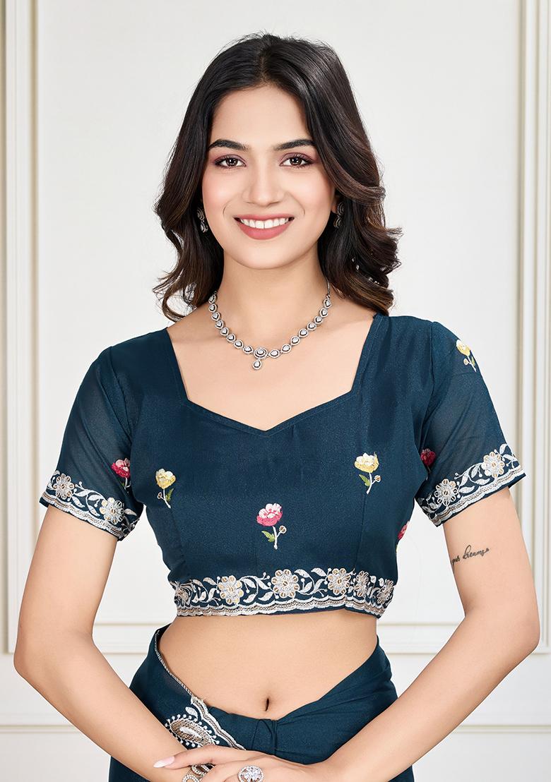 Rama Blue Sequin Embroidered Georgette Saree Set