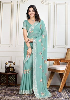 Sky Blue Sequin Embroidered Georgette Saree Set