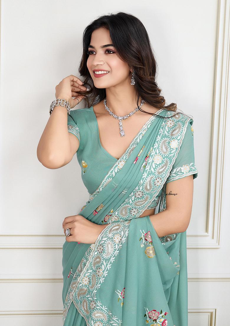 Sky Blue Sequin Embroidered Georgette Saree Set
