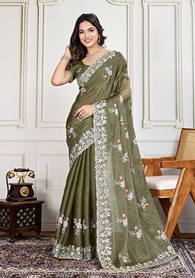 Pista Green Sequin Embroidered Silk Saree Set