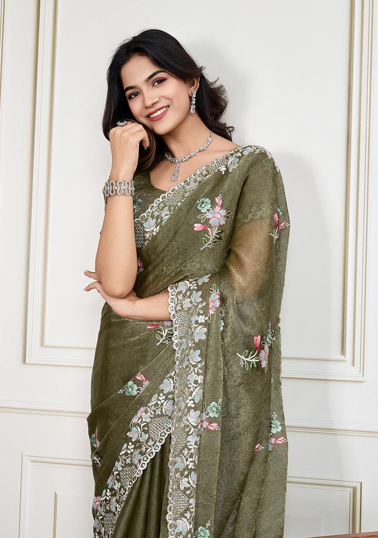 Pista Green Sequin Embroidered Silk Saree Set