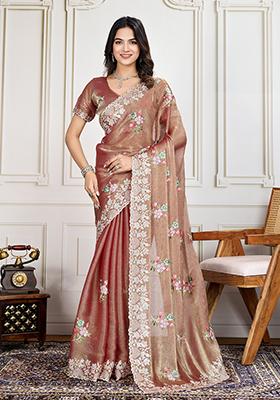 Brown Sequin Embroidered Silk Saree Set