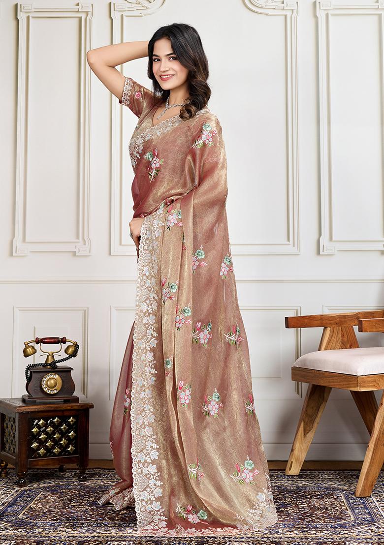 Brown Sequin Embroidered Silk Saree Set
