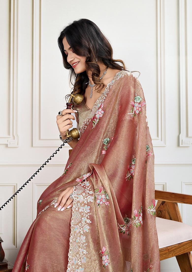 Brown Sequin Embroidered Silk Saree Set