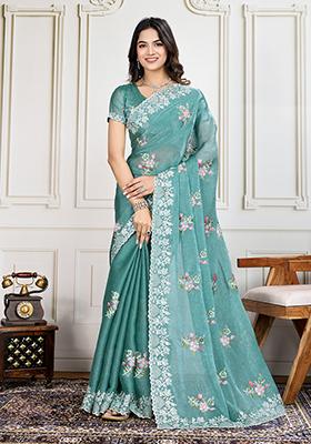 Sky Blue Sequin Embroidered Silk Saree Set
