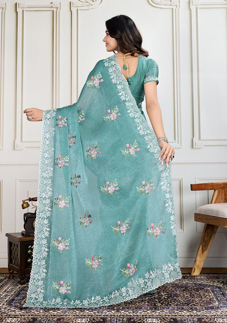 Sky Blue Sequin Embroidered Silk Saree Set