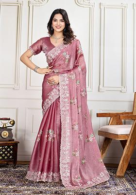 Rani Pink Sequin Embroidered Silk Saree Set