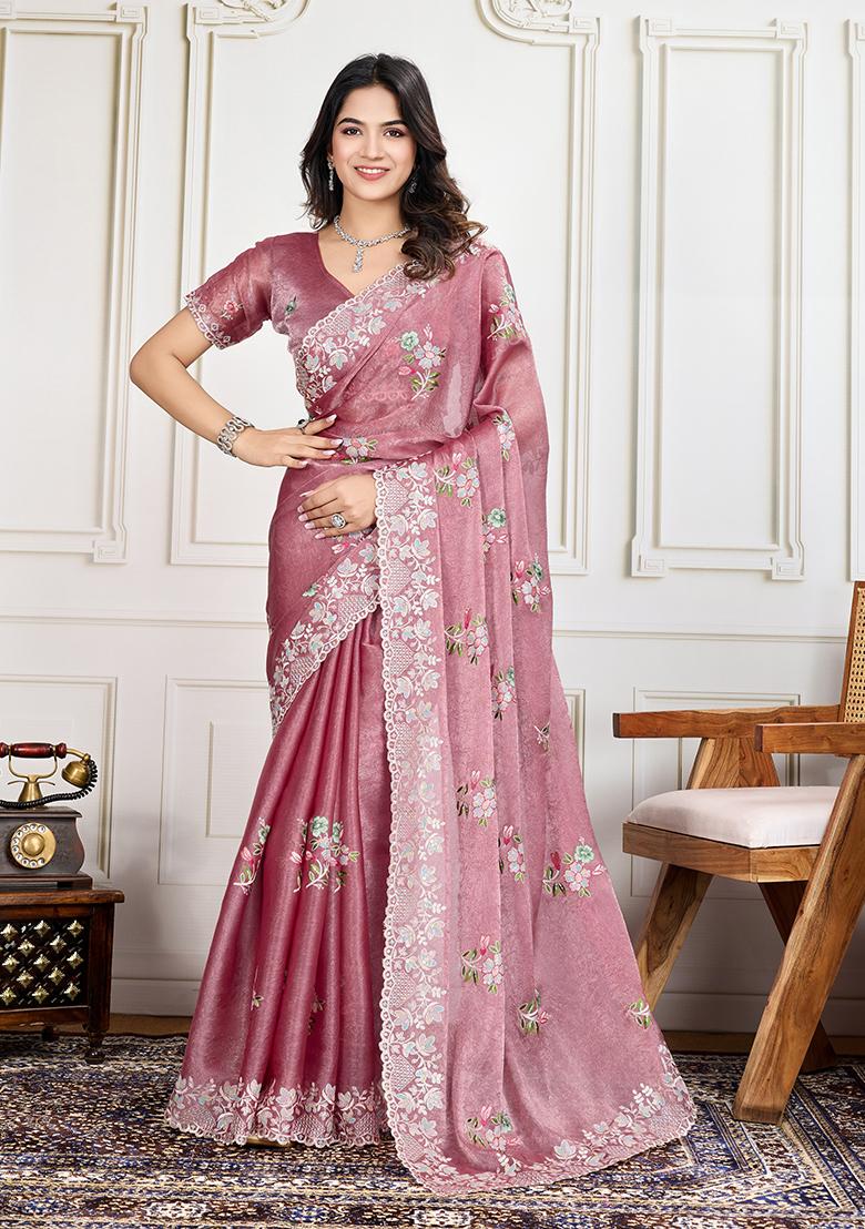 Rani Pink Sequin Embroidered Silk Saree Set
