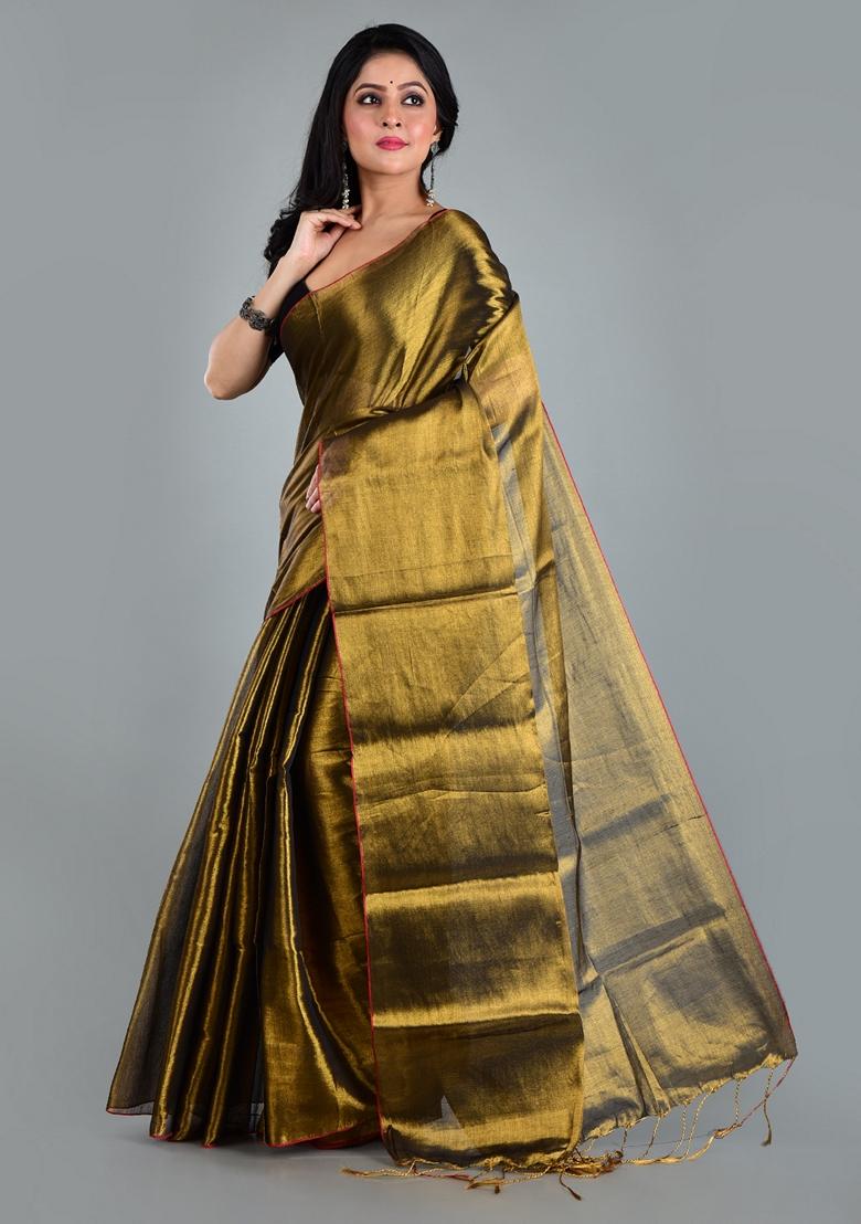 Golden Solid Tissue Saree Set