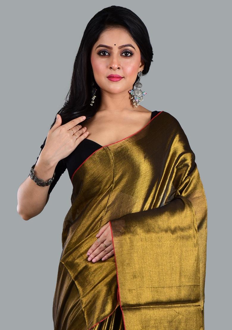 Golden Solid Tissue Saree Set