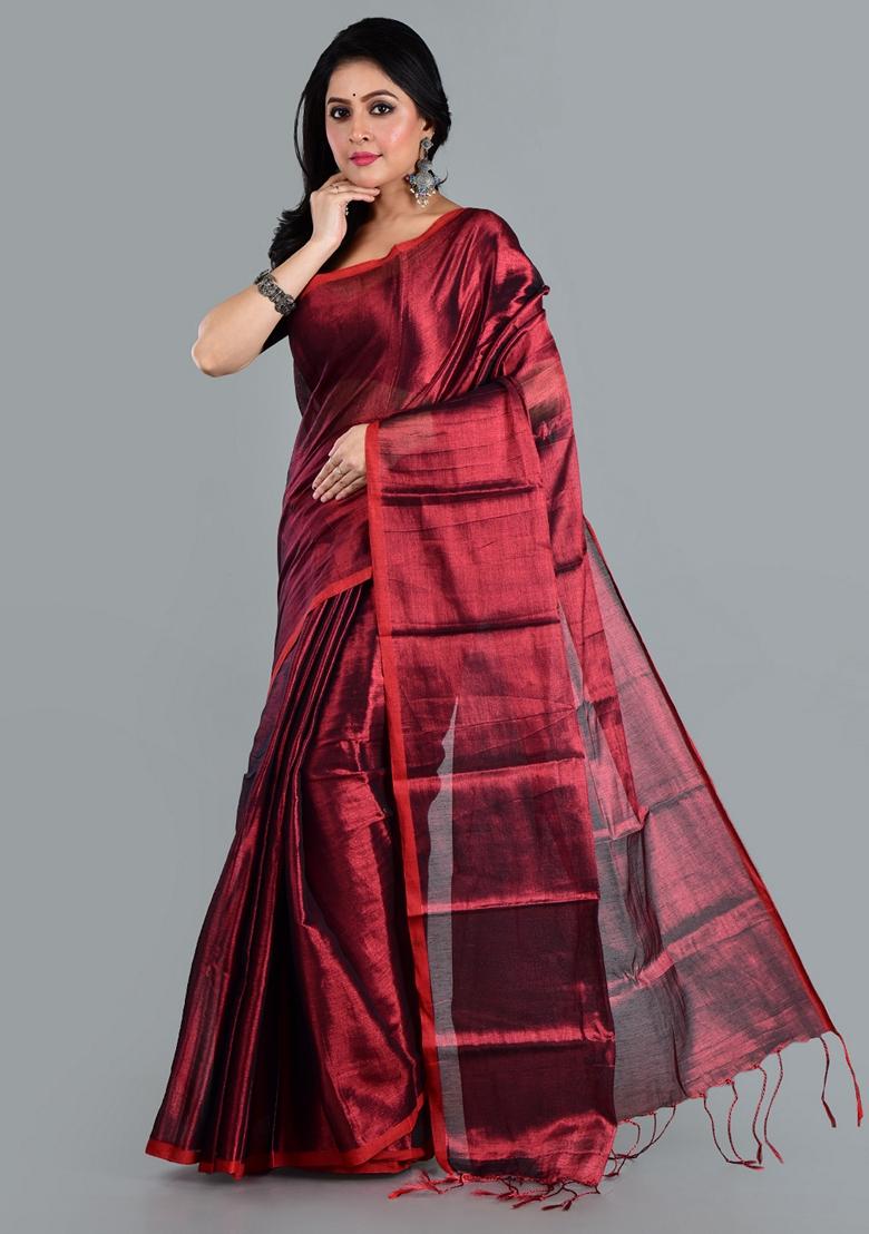 Red Solid Tissue Saree Set