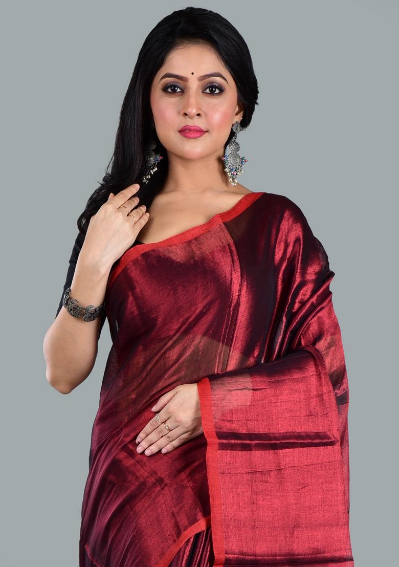 Red Solid Tissue Saree Set
