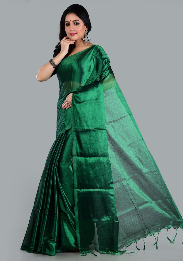 Bottel Green Solid Tissue Saree Set