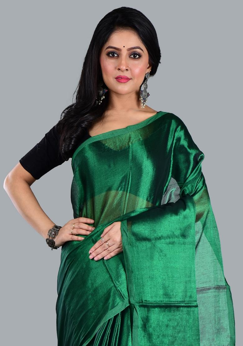 Bottel Green Solid Tissue Saree Set