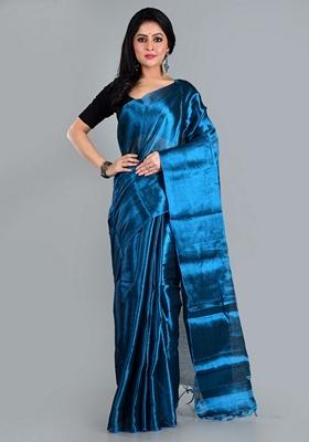 Turquoise Blue Solid Tissue Saree Set