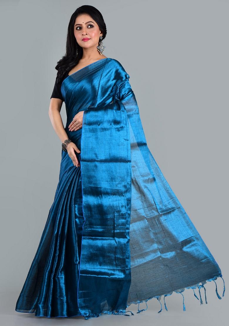 Turquoise Blue Solid Tissue Saree Set