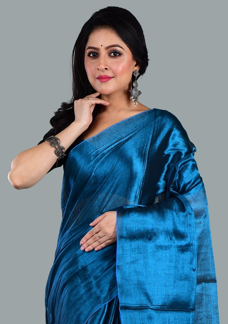 Turquoise Blue Solid Tissue Saree Set