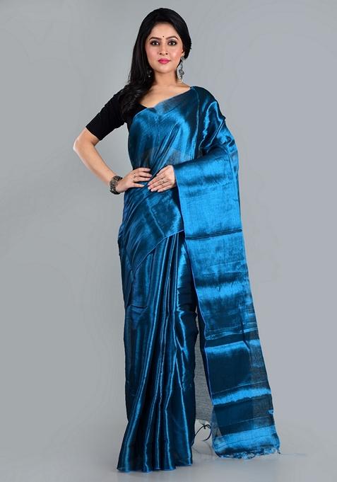 Turquoise Blue Solid Tissue Saree Set