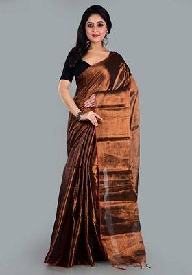 Copper Brown Solid Tissue Saree Set