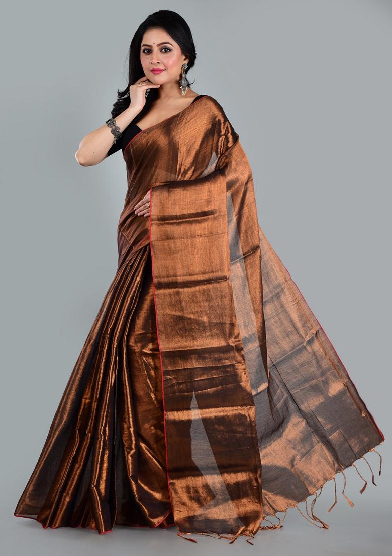 Copper Brown Solid Tissue Saree Set