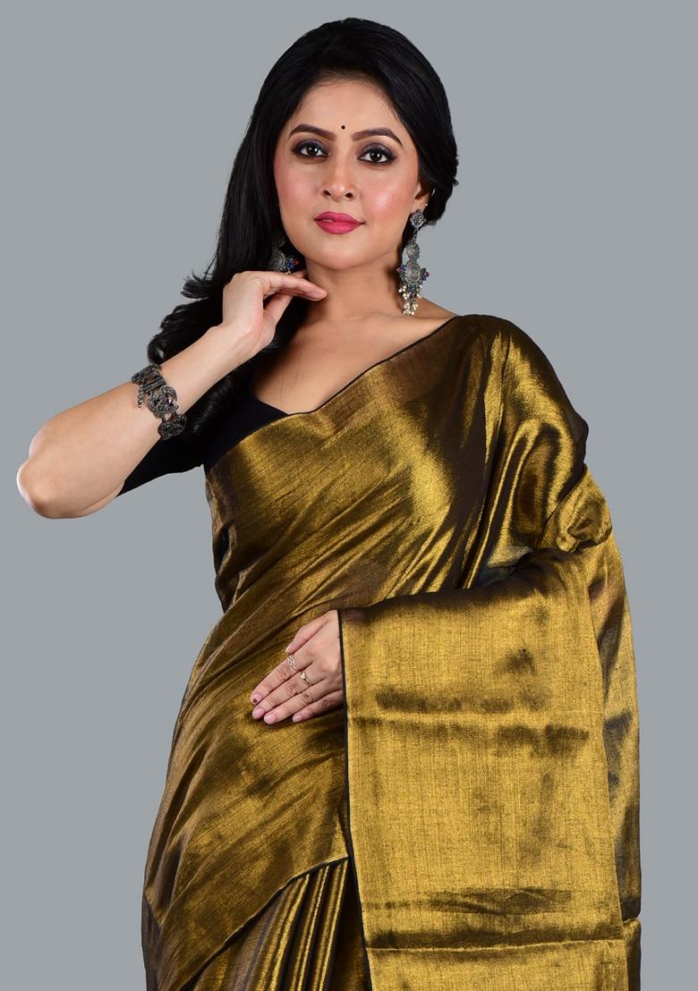 Golden Solid Tissue Saree Set