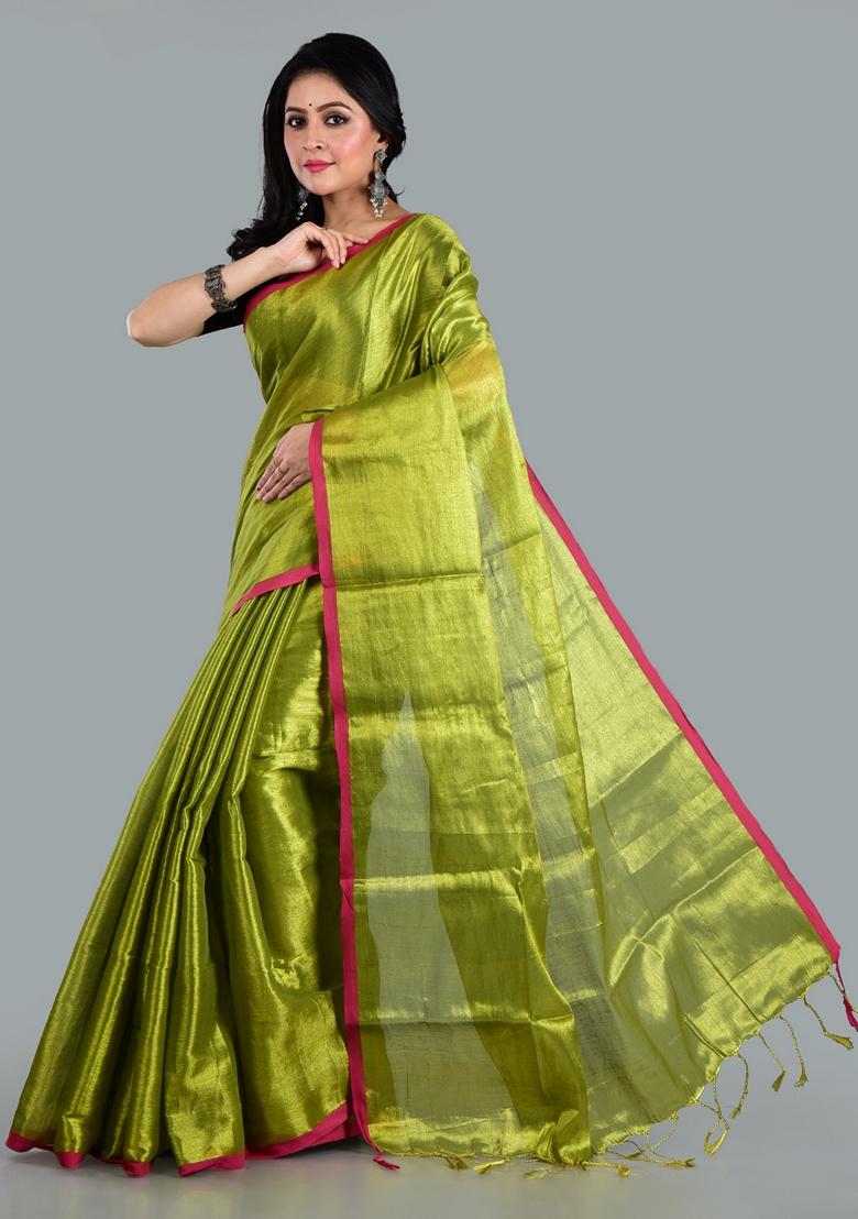 Green Solid Tissue Saree Set