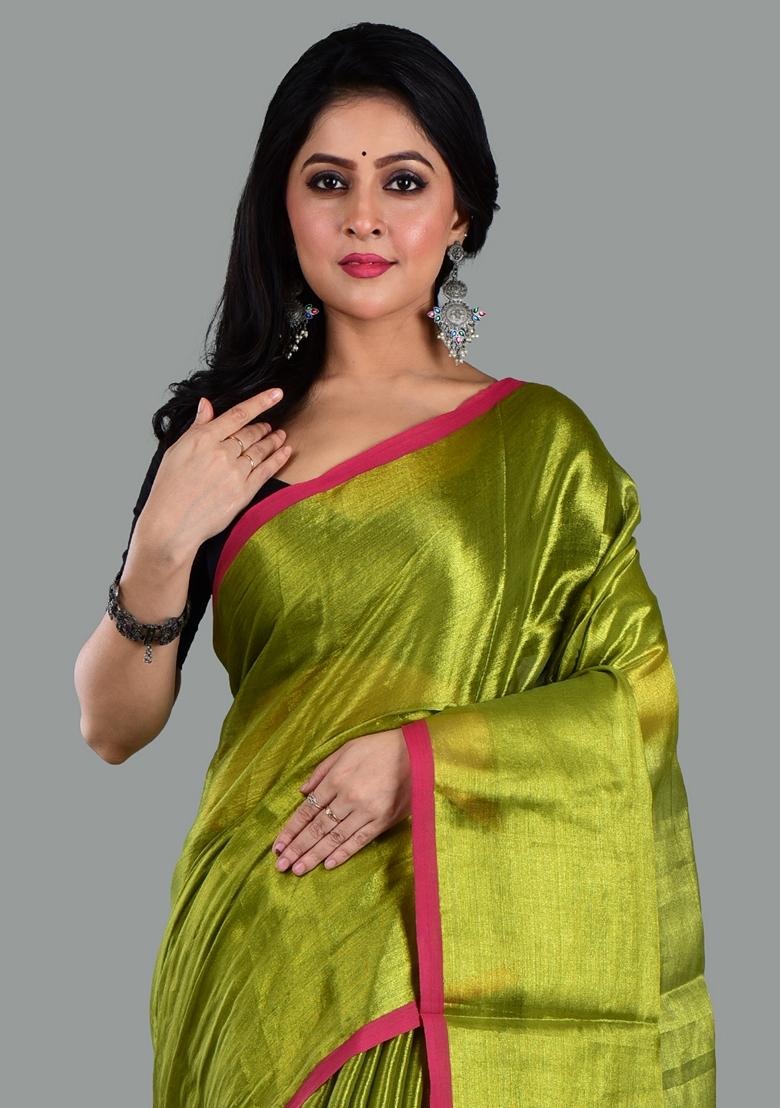 Green Solid Tissue Saree Set