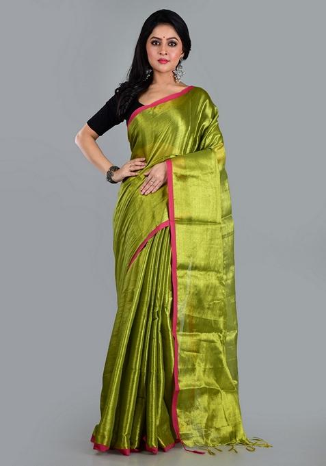Green Solid Tissue Saree Set