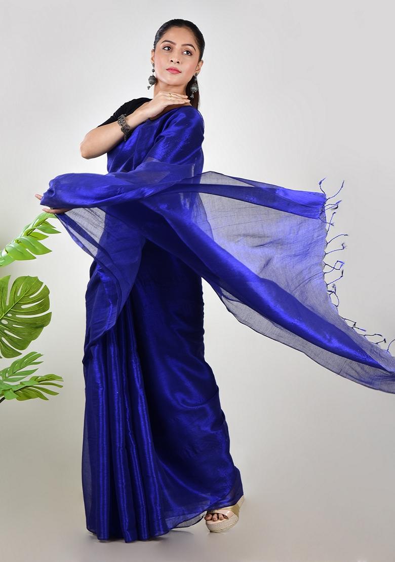 Ink Blue Solid Tissue Saree Set